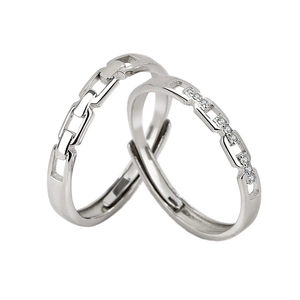 Adjustable sterling silver interlocking couple rings with chain link and diamond accents
