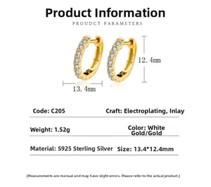 Macro detail of S925 sterling silver huggie earrings with CZ stone inlay and dimensions