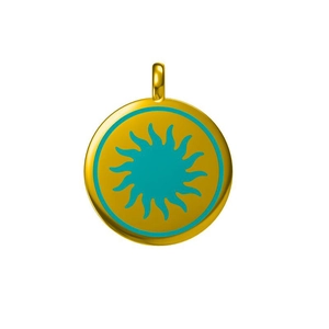 Minimalist gold round pendant with a vibrant teal enamel sunburst design and polished finish