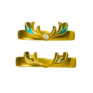 Bagues en forme de bois de cerf dorés avec émail turquoise et zircon sur fond blanc