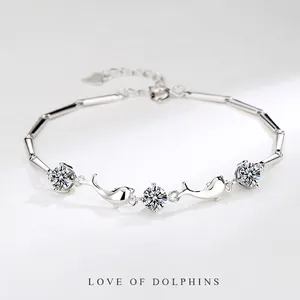 Fashion 925 Sterling Silver Dolphin Bracelet With Zirconia Adjustable Chain For Women Minimalist Jewelry Anniversary Gift