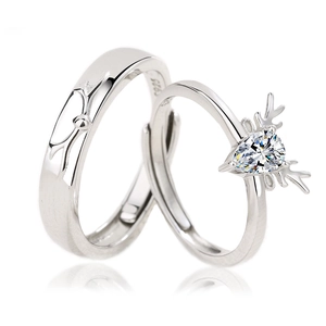 S925 sterling silver reindeer antler couple rings set with pear-cut cubic zirconia