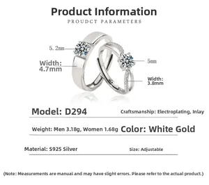 Detailed size parameters for S925 sterling silver adjustable couple rings with cubic zirconia