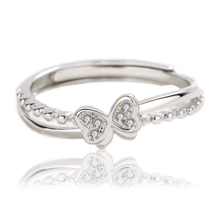 Bague nœud papillon en argent sterling S925 avec zircons brillants et anneau ajustable