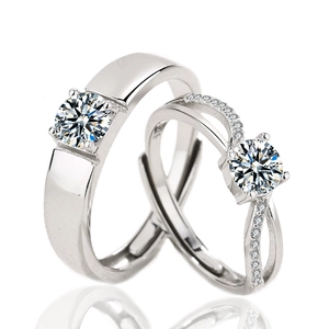 Ensemble de bagues de couple en argent S925 avec diamants ronds pour mariage et fiançailles