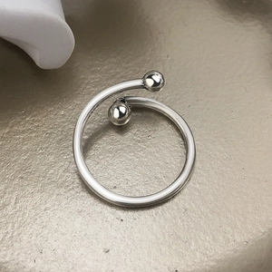 Minimalist S925 sterling silver bypass ring with polished beads and adjustable band