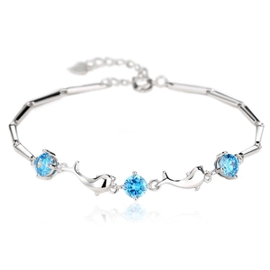 Elegant S925 silver dolphin bracelet with light blue zircon stones on a white background