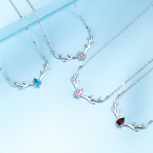 S925 sterling silver elk antler necklaces with colorful pear-cut zircon pendants