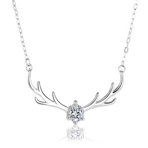 S925 sterling silver deer necklace with a sparkling pear-cut crystal pendant on white background