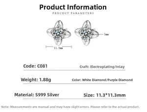 Detailed view of S999 silver four-leaf clover stud earrings with 5mm cubic zirconia setting