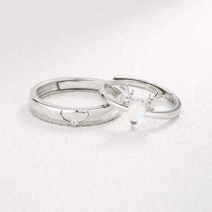 S925 silver antler couple rings set with teardrop gemstone and adjustable open bands