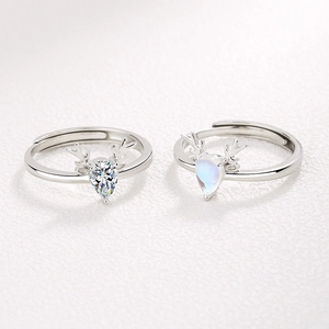 S925 sterling silver deer antler couple rings with moonstone and zircon drop