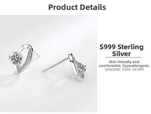 Dettaglio degli orecchini a cuore in argento sterling S999 con diamante centrale lucido