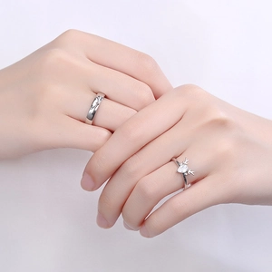 S925 sterling silver deer antler couple rings with heart crystal for Valentines