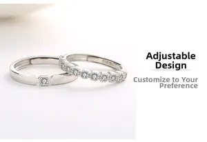 Close-up of S925 sterling silver couple ring set with adjustable open band design