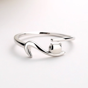S925 Sterling Silver Cat Ring Adjustable Open Band Minimalist Cute Animal Kitten Wrap Ring For Women Girls Jewelry Gift