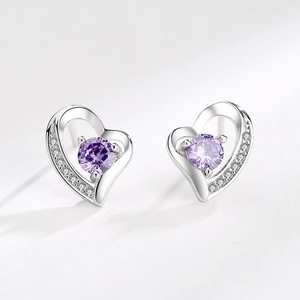 Orecchini a Bottone a Cuore in Argento Sterling S999 per Donna Eleganti Intarsiati con Strass Bianchi Viola Gioielli Moda Pendolari Regalo