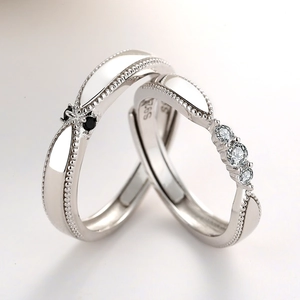 Anelli di Coppia in Argento Sterling S925 Minimalisti Geometrici Con Strass Intarsiati Anelli Aperti Regolabili Regalo Anniversario San Valentino