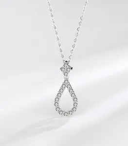 Detail of S925 sterling silver teardrop necklace with sparkling zircon pavé setting