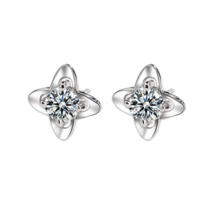 S999 Sterling Silver Four-Leaf Clover Stud Earrings with Cubic Zirconia Stones