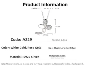 Detailed size specifications for the S925 sterling silver butterfly pendant necklace