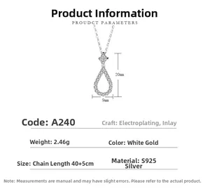 Macro view of S925 sterling silver teardrop necklace with detailed size and material specs