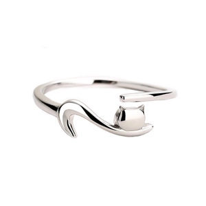 Polished S925 silver open ring featuring a cute cat head and long tail wrap design
