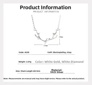 Détails techniques du collier bois de cerf en argent S925 avec dimensions du pendentif