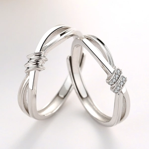 Bagues de Couple en Argent Sterling S925 pour Hommes Femmes Nœud Concentrique Réglable Zircone Mariage Anniversaire Bijoux