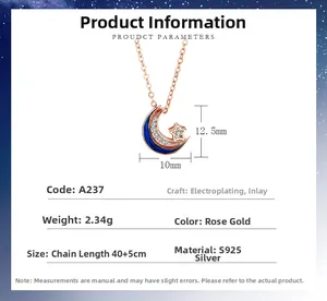 Détail du collier lune et étoile en argent S925 avec émail bleu et plaqué or rose