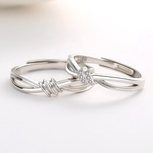 Bagues de couple réglables en argent sterling S925 avec nœud torsadé et zircon