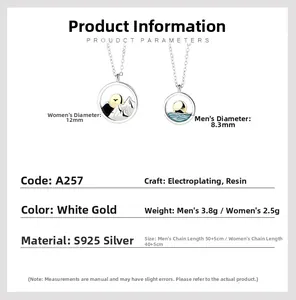 Detailed size specifications for S925 sterling silver mountain and ocean couple necklaces