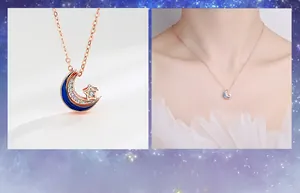 Détails du collier étoile et lune en or rose avec émail bleu et cristaux étincelants