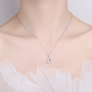 Elegant S925 silver water drop pendant necklace with pavé zircon crystals for women