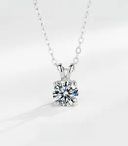 Detailed close-up of S925 sterling silver four-prong Moissanite solitaire necklace pendant