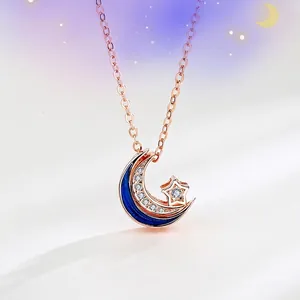 Collier Pendentif Lune Étoile en Argent Sterling S925 pour Femme Or Rose Émail Strass Incrusté Bijoux Chaîne de Clavicule