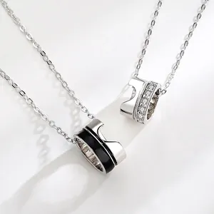 Collana Coppia in Argento Sterling 925 per Uomo Donna Ciondolo Rotondo Lucido Strass Smalto Nero Gioielli Regalo Anniversario