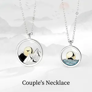925 Sterling Silver Mountain And Sea Couple Necklace Eternal Love Promise Round Pendant Enamel Jewelry Gift For Men Women