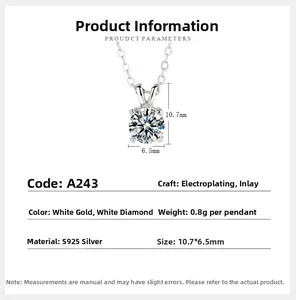 Detailed S925 sterling silver four-prong moissanite pendant size and weight specification