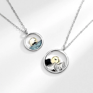 S925 silver mountain and sea necklaces for couples with sun and moon enamel charms