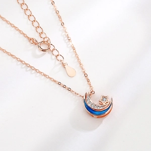 Collier en argent S925 étoile et lune en or rose avec émail bleu et oxydes de zirconium