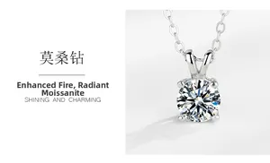 Macro detail of round-cut moissanite pendant with four-prong setting on silver chain