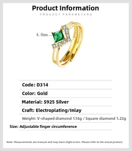 Detail view of gold S925 silver ring with 4.0mm emerald cut stone and V-shaped zircons