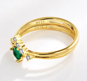 Macro shot of S925 silver ring featuring an emerald-green stone with white zircon accents