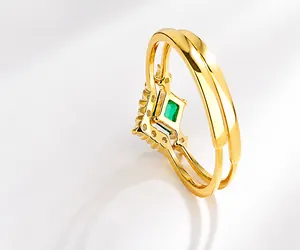Detail of S925 silver emerald ring showing the gold double-layer band and polished finish