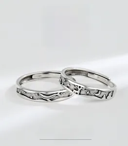Detailed relief of whale and deer patterns on S925 sterling silver couple rings