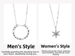 Détails des colliers de couple en argent avec étoile hexagramme et pendentifs