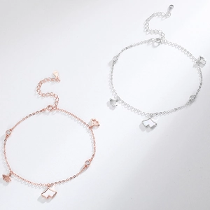 Elegant S925 sterling silver ginkgo leaf anklet with zircon charms in rose gold and silver
