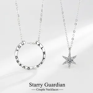 Collier de Couple en Argent Sterling S925 Hexagramme pour Hommes Femmes Pendentif Rond Gravé Collier Incrusté de Strass Cadeau