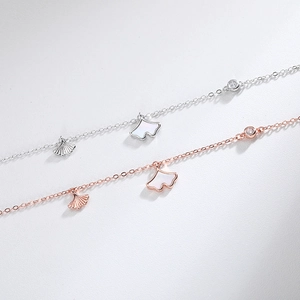 S925 sterling silver ginkgo leaf anklet in silver and rose gold with small diamonds